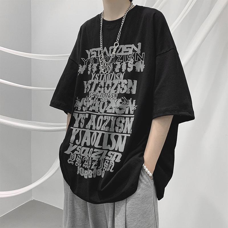 Herren Trendiges Dunkles Stil Kurzarm Hip-Hop Print T-Shirt - Lockere Passform, Rundhalsausschnitt, Sommer Hong Kong BF Stil