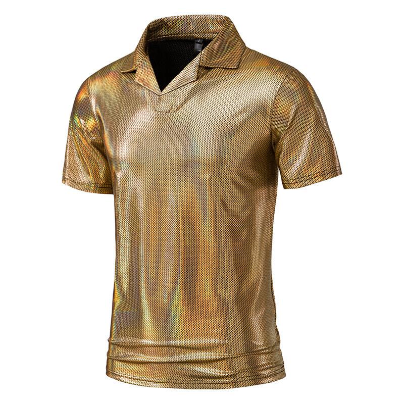 Summer Men's Short Sleeve Polo Shirt Shiny Metallic Streetwear Lapel T-shirts Men Gold Stage Costume Disco Party NightClub Tops