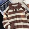 American retro brown striped trendy brand lapel polo sweater men and women autumn and winter ins high street loose lazy wind