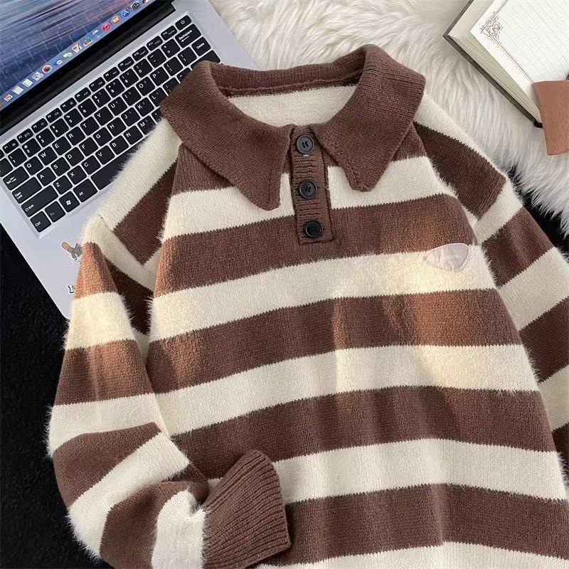 American retro brown striped trendy brand lapel polo sweater men and women autumn and winter ins high street loose lazy wind