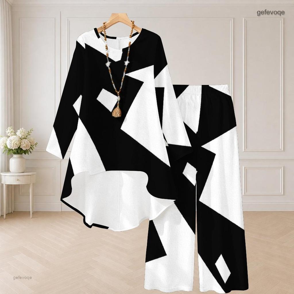 Women Plus Size Two Piece Pants Set Round Neck Long Sleeve Printed High Low Top Wide Leg Pants Black White