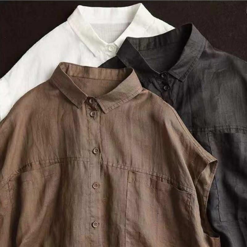 Johnature Women Solid Color Sleeveless Shirts Turn-down Collar Button Summer Pockets Women Vintage Blouses Tops