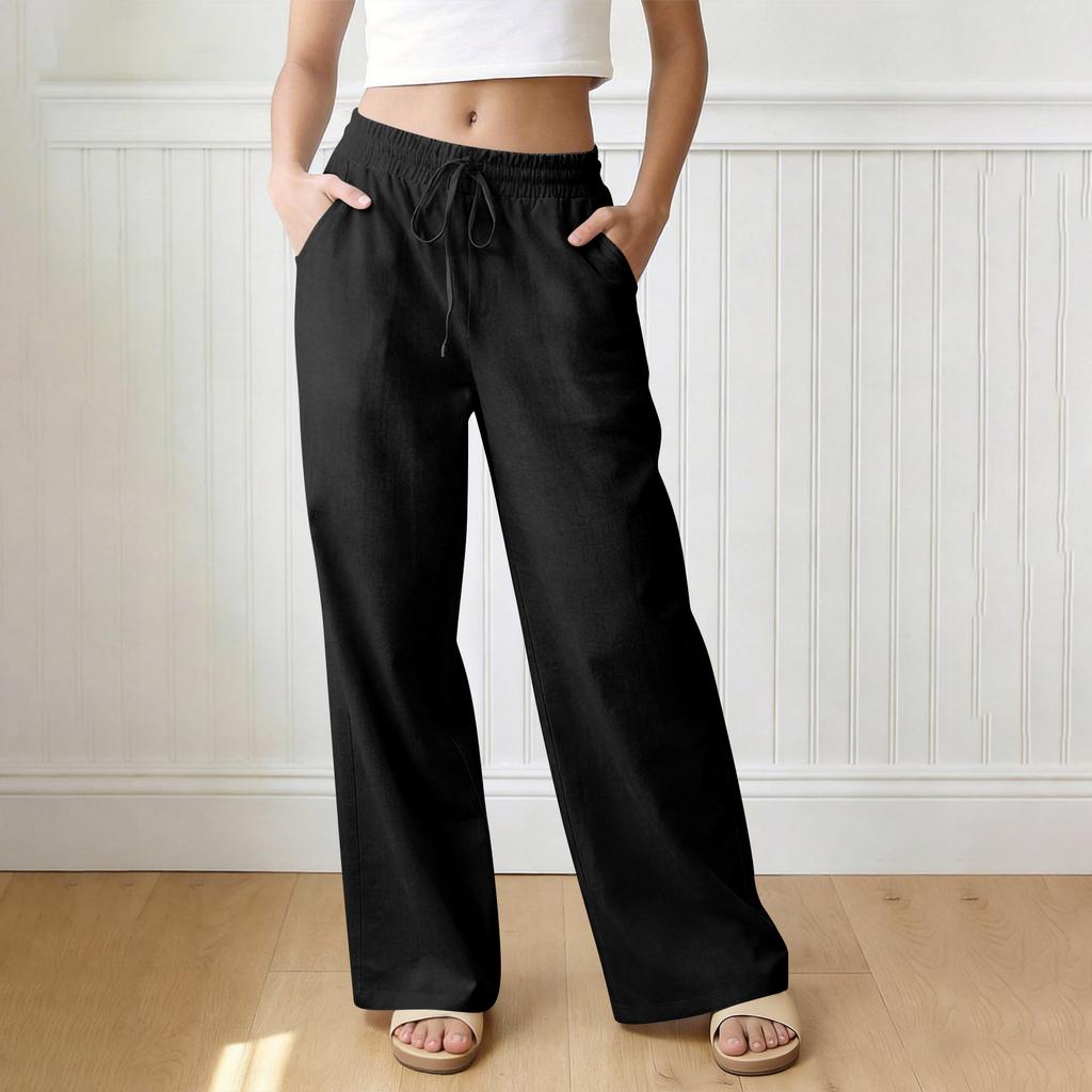 Pantaloni Larghi da Donna a Vestibilità Larga, Pantaloni Casual a Vestibilità Larga, Vita Alta Elastica, Pantaloni Lunghi con Tasche