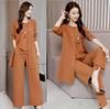 Women's Spring and Autumn Models Loose Plus Size Round Neck Short Sleeved + Long Sleeved Jacket + Loose Wide Leg Trousers Casual Wear Three Piece Set