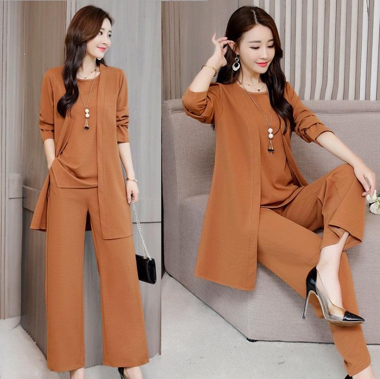Women's Spring and Autumn Models Loose Plus Size Round Neck Short Sleeved + Long Sleeved Jacket + Loose Wide Leg Trousers Casual Wear Three Piece Set