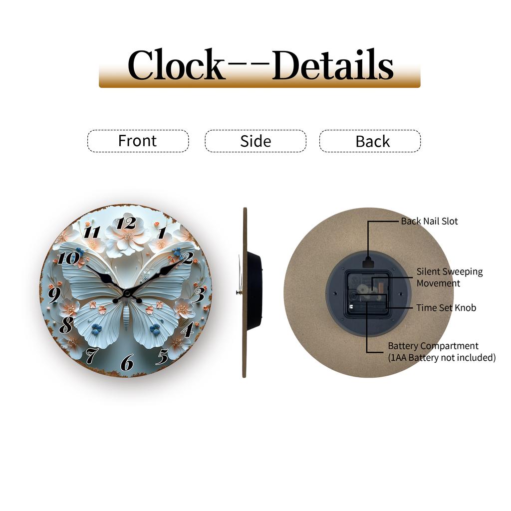 3D Butterfly Floral Wall Clock, Elegant Blue Flower and Insect Design Round Timepiece, Decorative Home Kitchen Office Hang Clock
