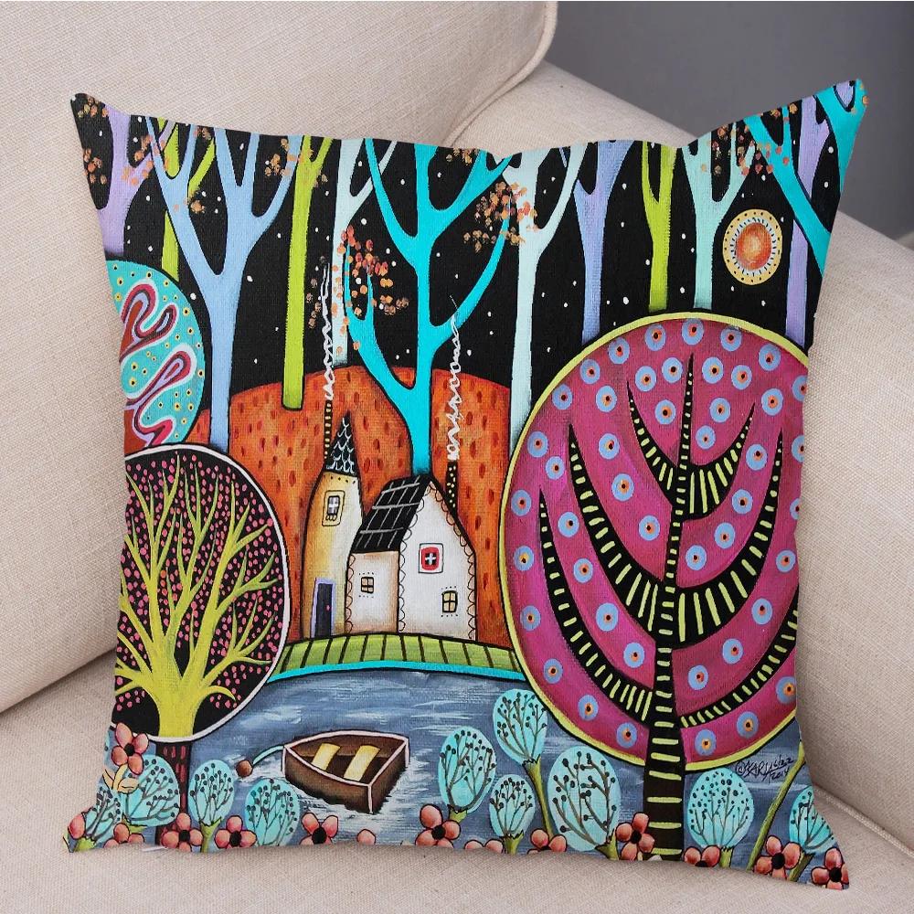 Colorful Cartoon Retro Rural Color Printed Pattern Home Cushion Cover Living Room Sofa Bedroom Decoration Pillowcase