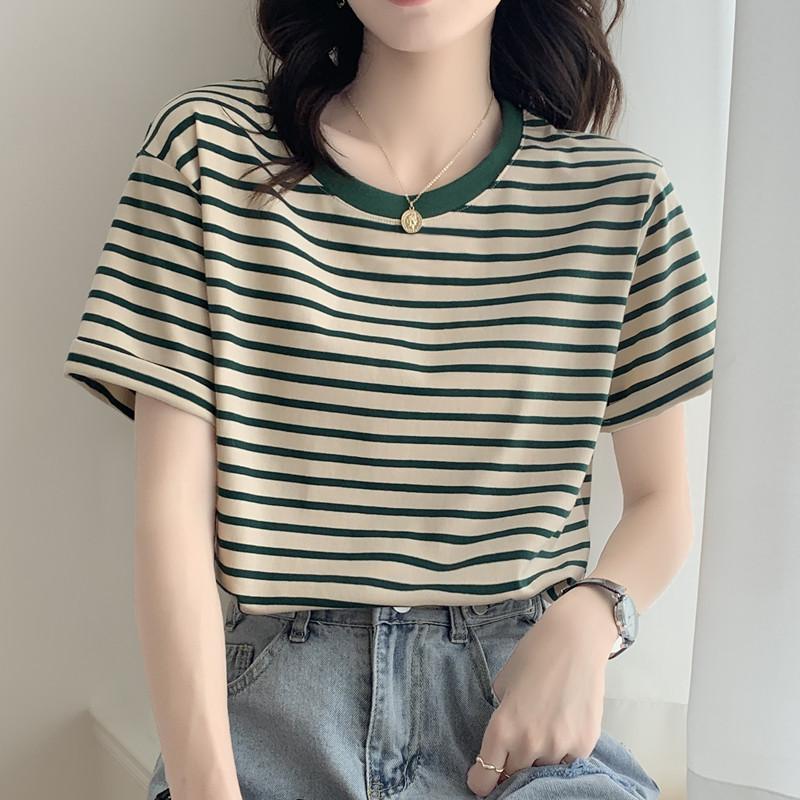Casual striped t-shirt women's short-sleeved summer new student half-sleeved top loose versatile crew neck t-shirt ins