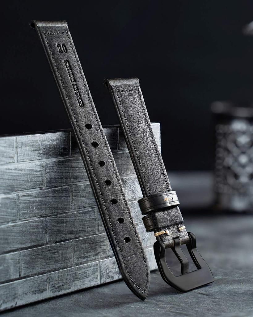 BINLUN Leather Watch Band, Oil Waxed Calf Leather Strap, Retro Classic Style Replacement Band, 5 Sizes (18-26mm), with Pin Buckle (Black, 26mm)