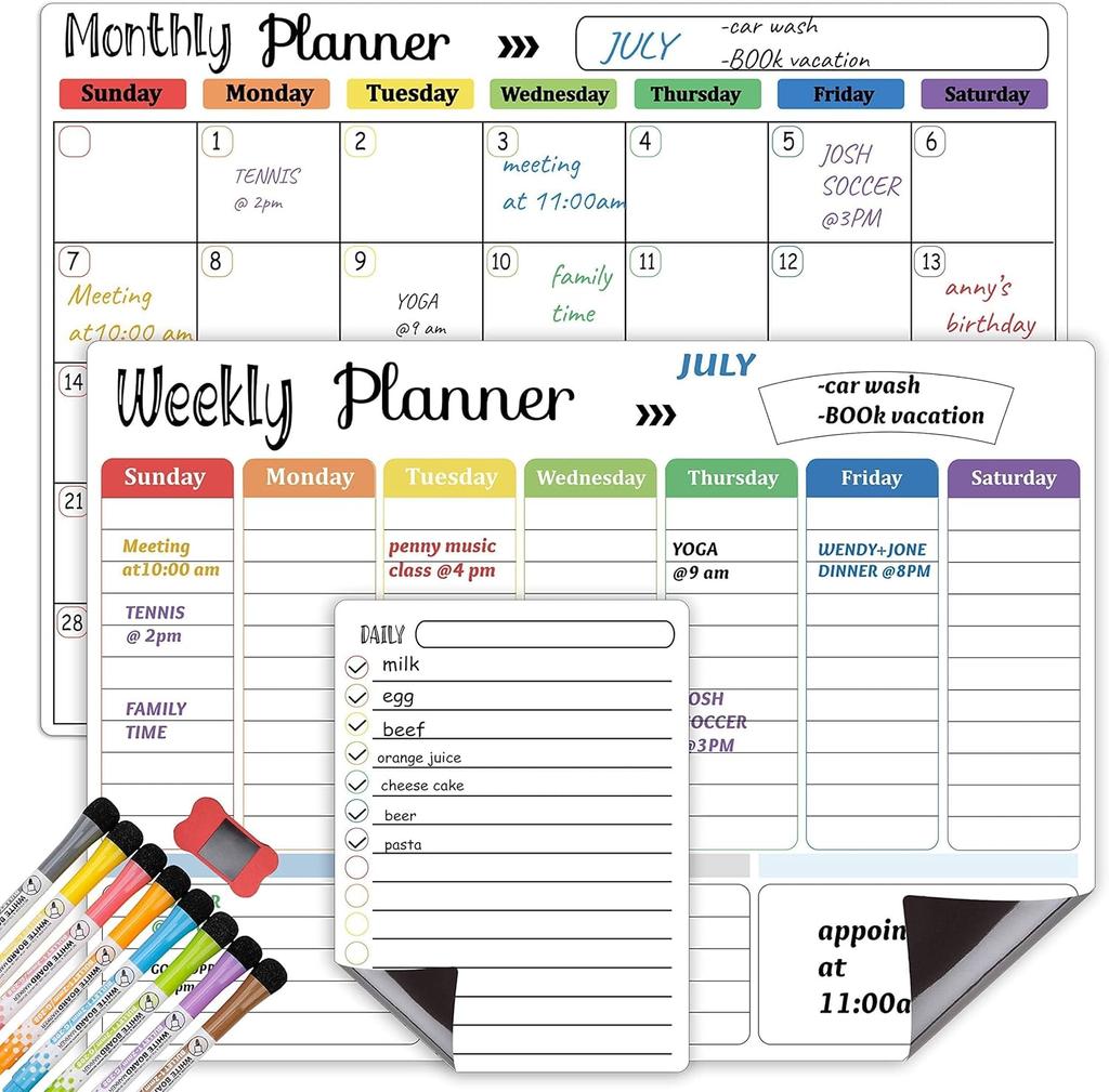 Magnetic Dry Erase Calendar Whiteboard Set (3-Pack) for Fridge, Wall, and Refrigerator Organization – Monthly, Weekly