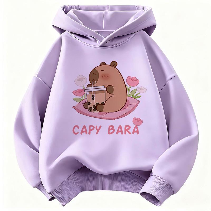 Kawaii Capybara Drinking Juice Hoodie Kids Flower Children's Sweatshirt Hoody for Boys Girls Casual Hoodies Clothes