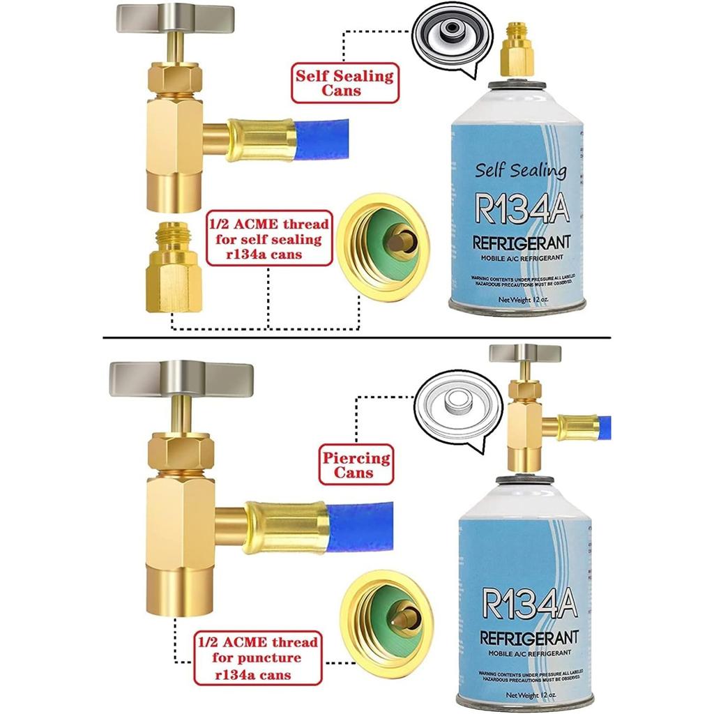 R134A Refrigerator Freon Recharge Hose Kit, R134A AC Refrigerant Charging Hose Gauge, Bullet Piercing Valve Hose Refrigerant Can Tap