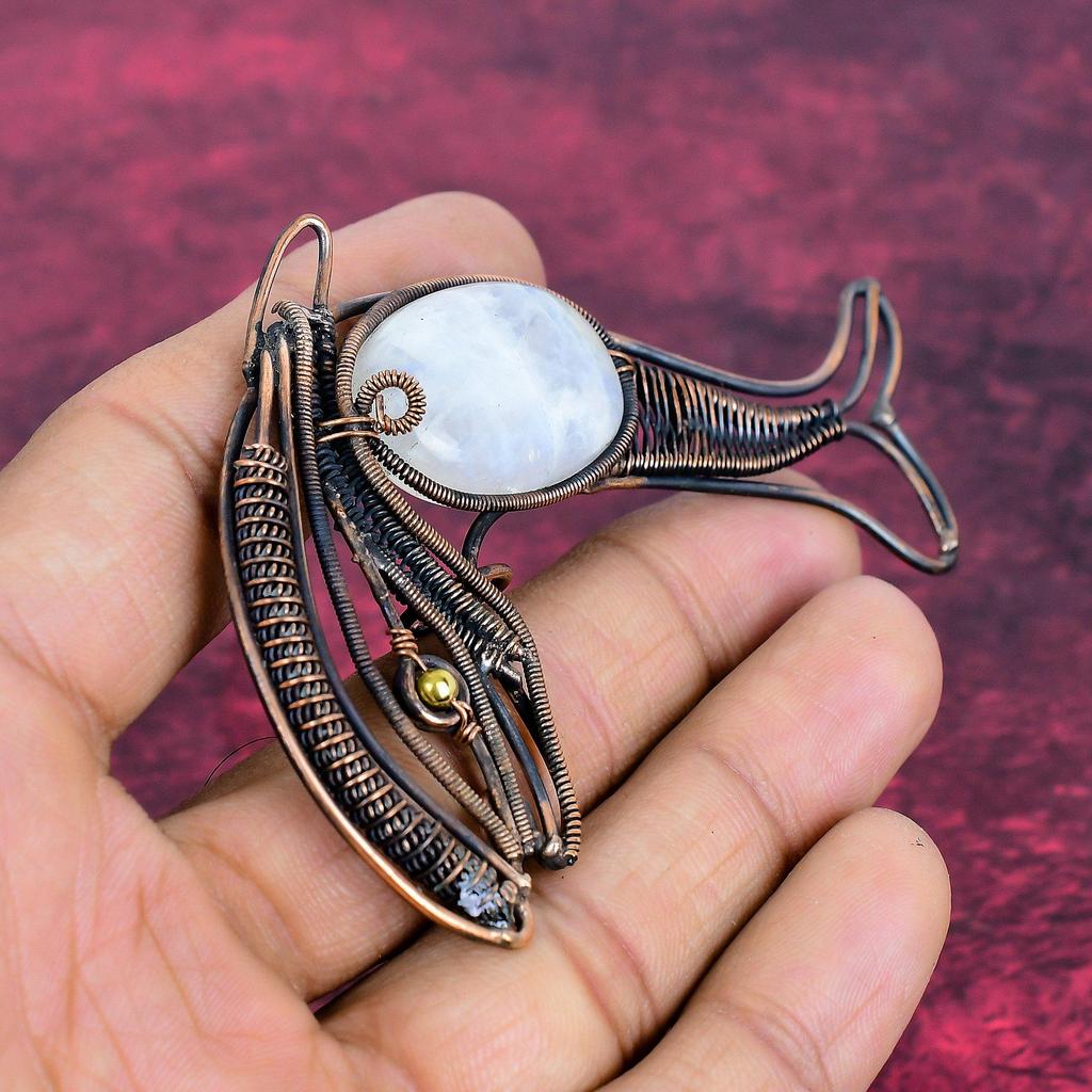 Rainbow Moonstone Pendant Fish Design Pendant Copper Wire Wrap Gemstone Jewelry