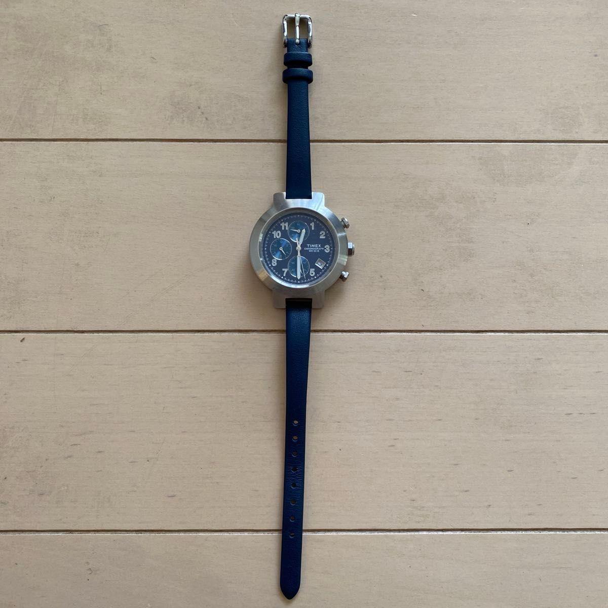 TIMEX Watch Chronograph Navy Leather Belt