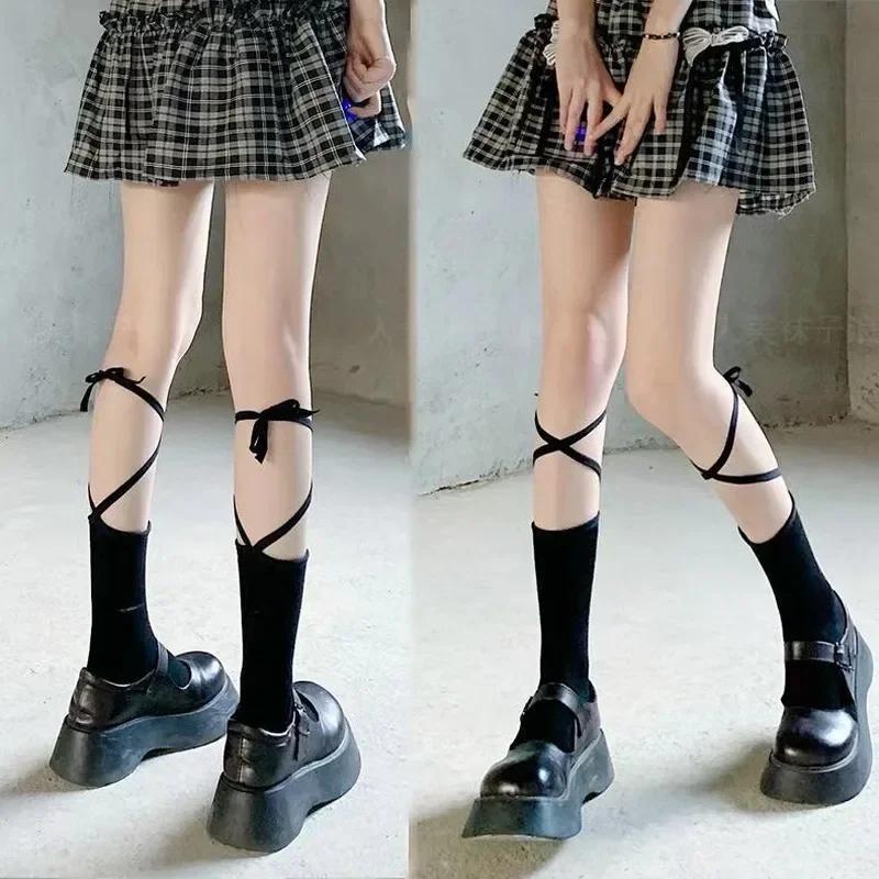 Fashion Stockings Bandage Lolita Long Knee Socks Korea Style Women White Cotton Socks Japanese Cosplay JK Girls Cute Hosiery