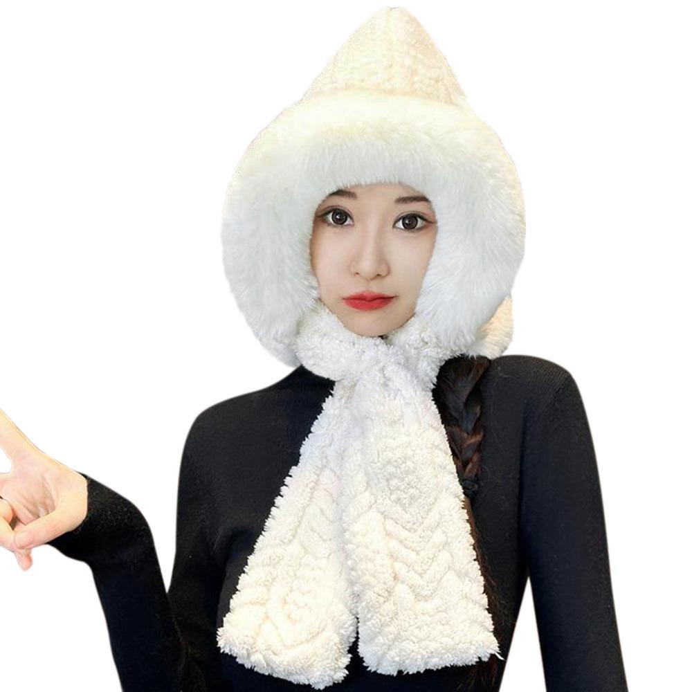 Cute Plush Winter Integrated Cap Scarf Warm Thickened Beanie Hat Scarf Casual Windproof Scarf Set Hooded Outdoor