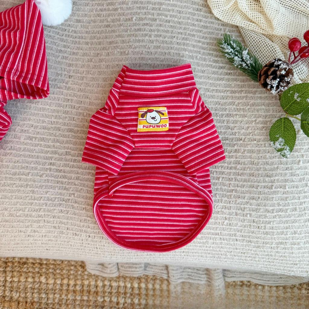 Pet Autumn and Winter Jumpsuit Striped Base Shirt Cat Warm Hooded Home Pajamas Puppy Clothes for Small Dogs