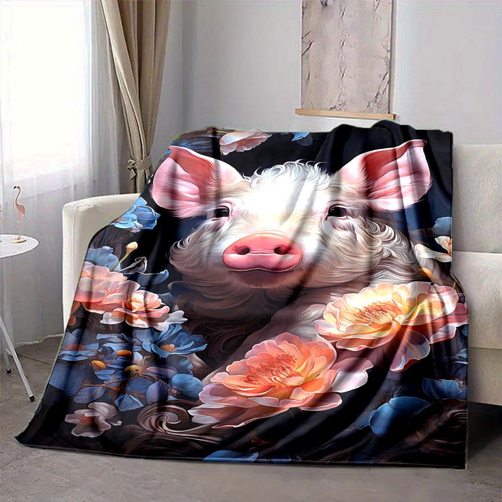 1pc Pig Floral Print Blanket Lightweight Flannel Blanket Throw Blanket For Sofa, Bed, Travel, Camping, Livingroom, Office, Couch, Chair, And Bed Yy251