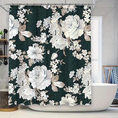 Luxury Floral Shower Curtain Dark Green White Print Home Decor Bathroom Waterproof Fabric Bath Mat Sets for Kids Girls