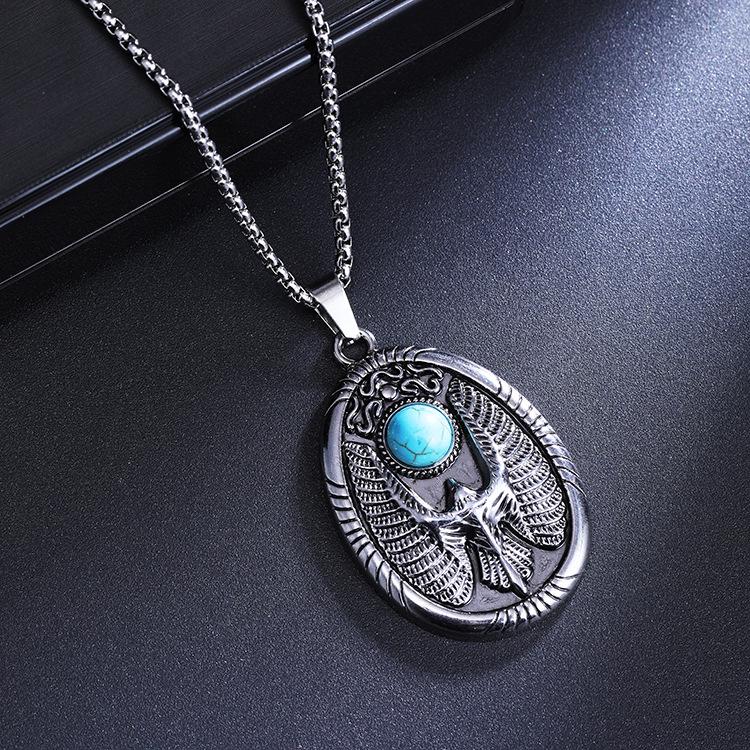 European & American Retro Turquoise Flying Eagle Titanium Steel Pendant Necklace
