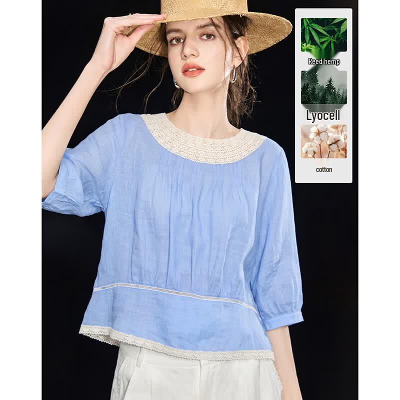 Wudao Women s French Elegant Tencel Ramie 3/4 Sleeve Blouse L