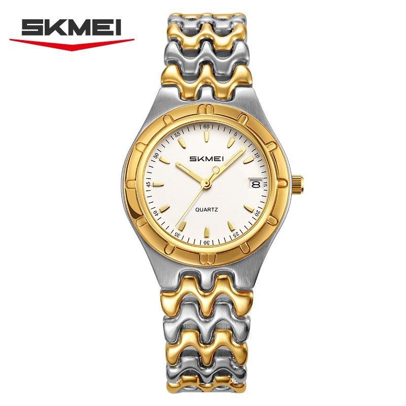 SKMEI Women s Gold Tone Quartz Watch with Date Display Stainless Steel Bracelet Elegant Casual Wristwatch золотой/белый