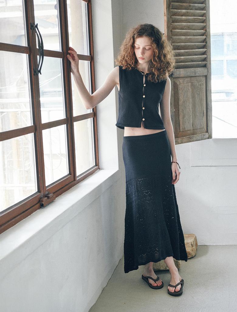 Flatwave In Seoul Ella Knit Crochet Long Skirt Black