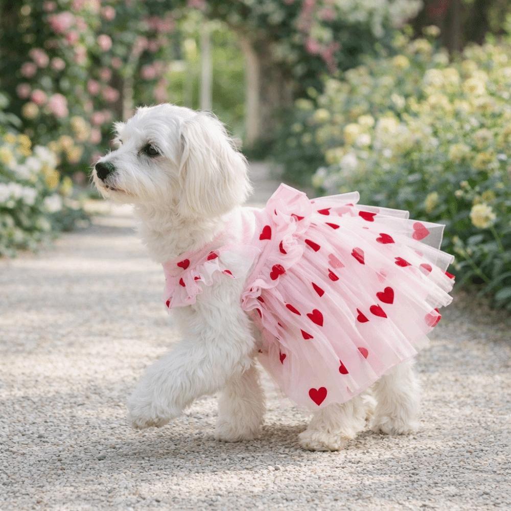 Thin Breathable Dog Summer Vest Heart Printed Puppy Wedding Dress Dog Tulle Skirt  Party Outfits