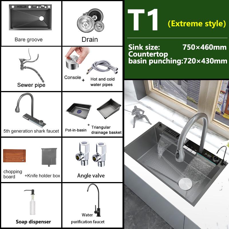 Edelstahl-Wasserfall-Küchenspüle, großes Einzelfach, integriertes Digitaldisplay, Wasserhahn-Set, multifunktionales Waschbecken