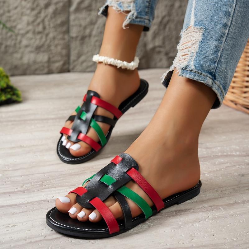 Fashion Summer New Flat Shoes Women Fashion Round Head Open Toe Thin Ribbon Woven Hollow Soft Sole Anti-slip Wear-resistant Slippers