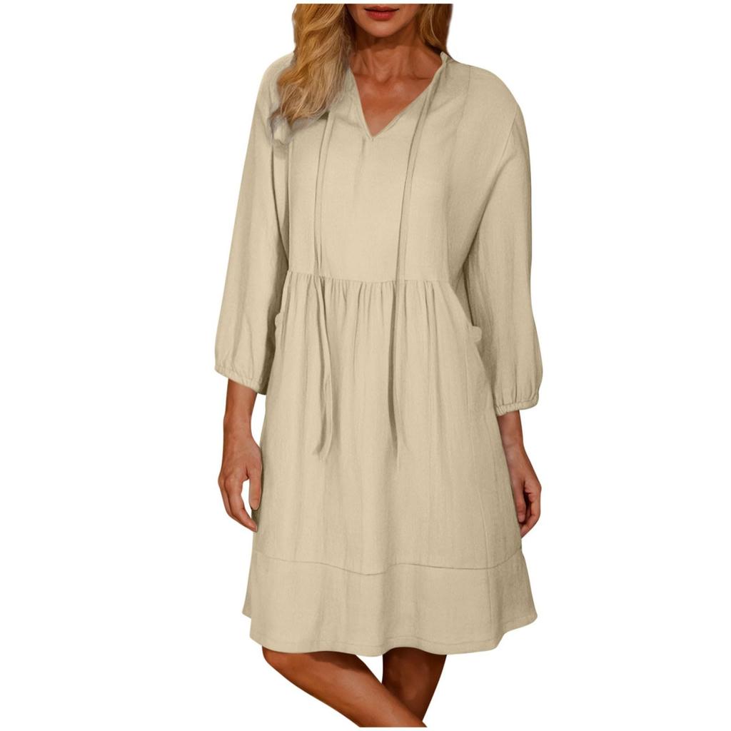 Women's Fashionable Solid Color V-neck 3/4 Sleeved Bohemian Lace Loose Pocket Casual Dress