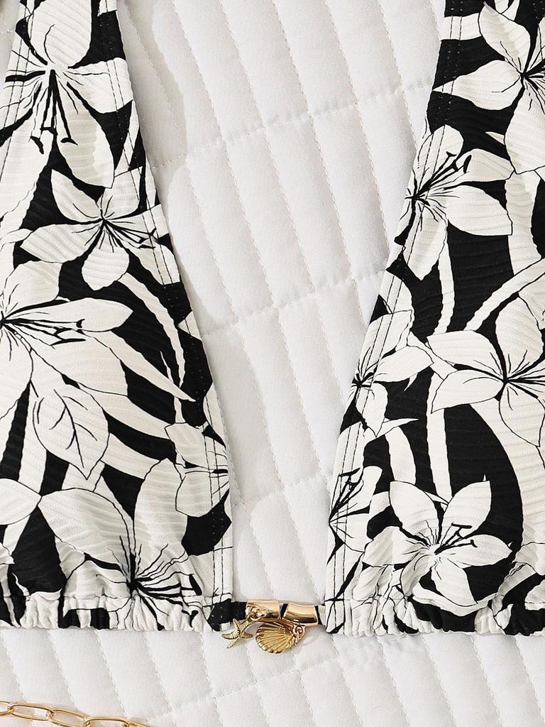 2026 European & American Style Black & White Floral Bikini Set - Sexy Two-Piece Swimwear