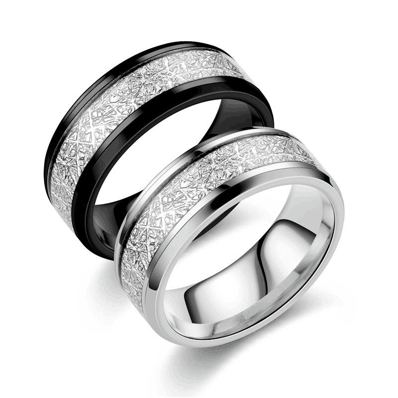 8mm Width Meteorite Stone Pattern Inlaid Silver Color Steel Ring Couple Wedding Band Engagement Jewelry