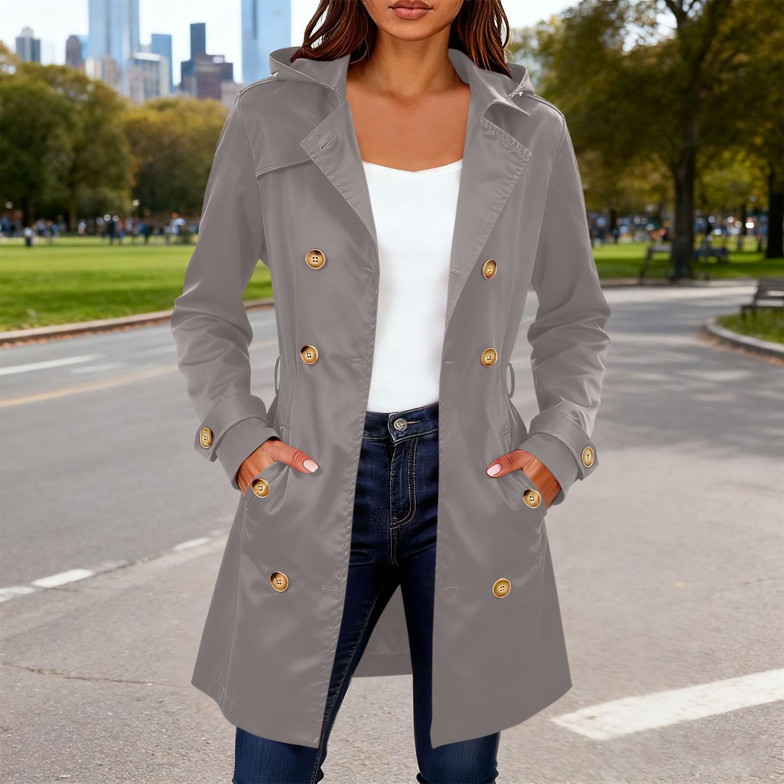 

Women s Fashion Solid Color Collar Long Sleeve Double Breasted Windbreaker With Belt Coat L