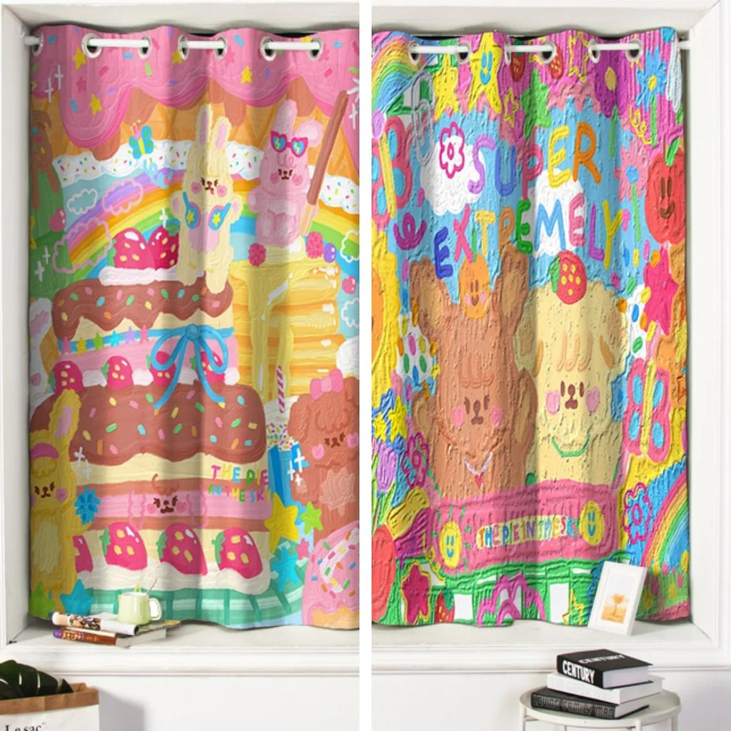 Fresh Cartoon Oil Painting Window Curtain Cute Children's Room Simple Fashion High Shading Bedroom Curtain 2 Panels New Pattern