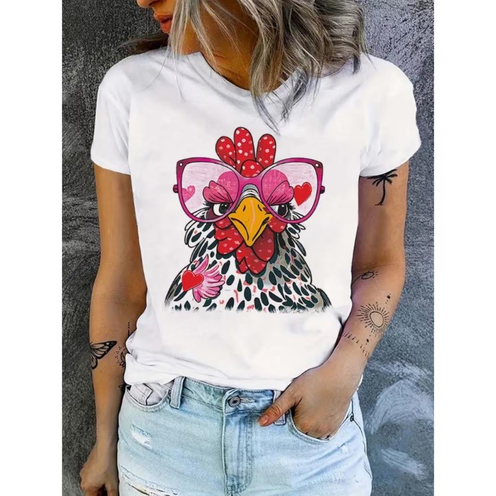 Funny Chicken In Red Heels Graphic T-Shirt Women’s Short Sleeve Humorous Farm Animal Print Top for Daily