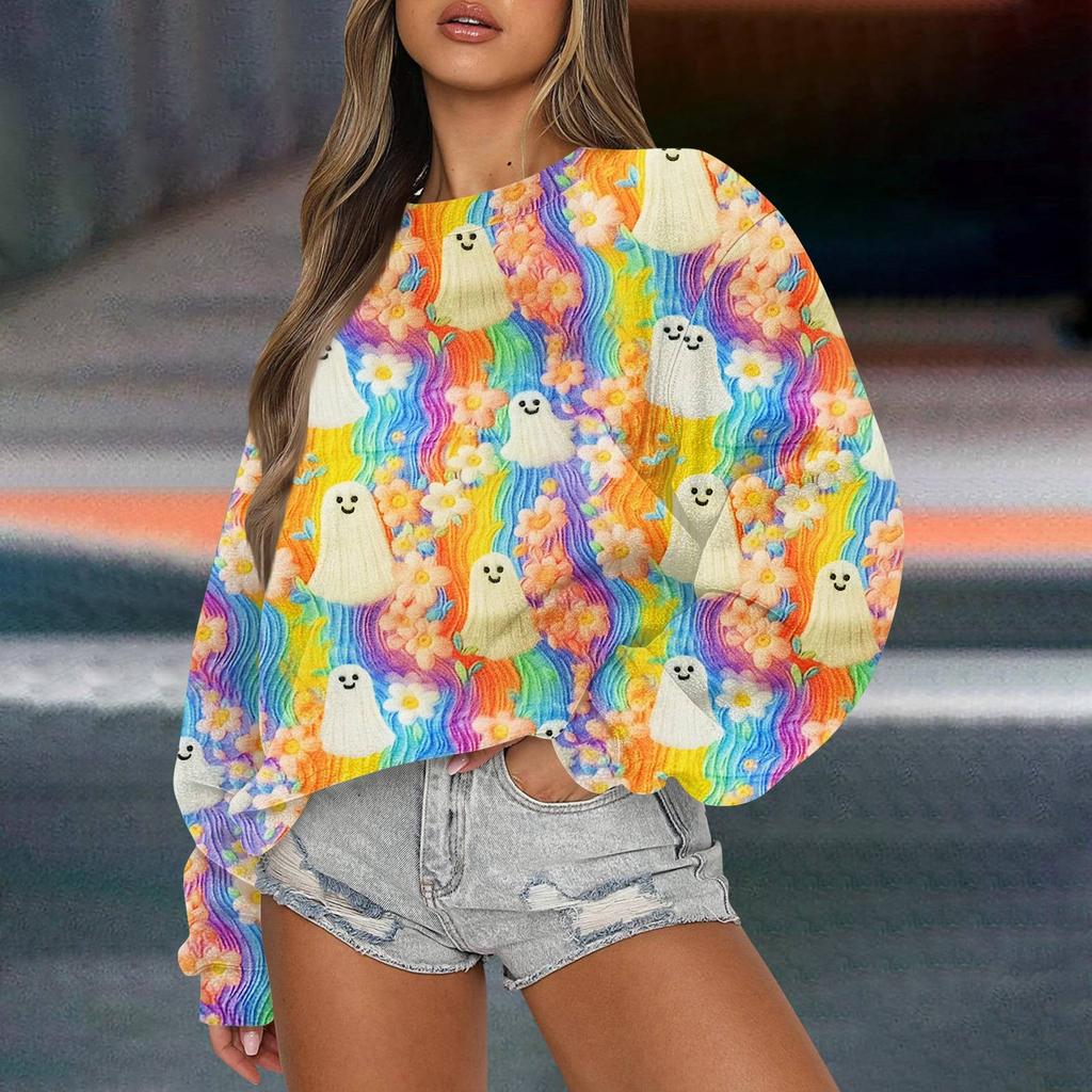 Women's Casual Fashion Printed Long Sleeved Knitted Sportswear Top, Loose Fit Halloween