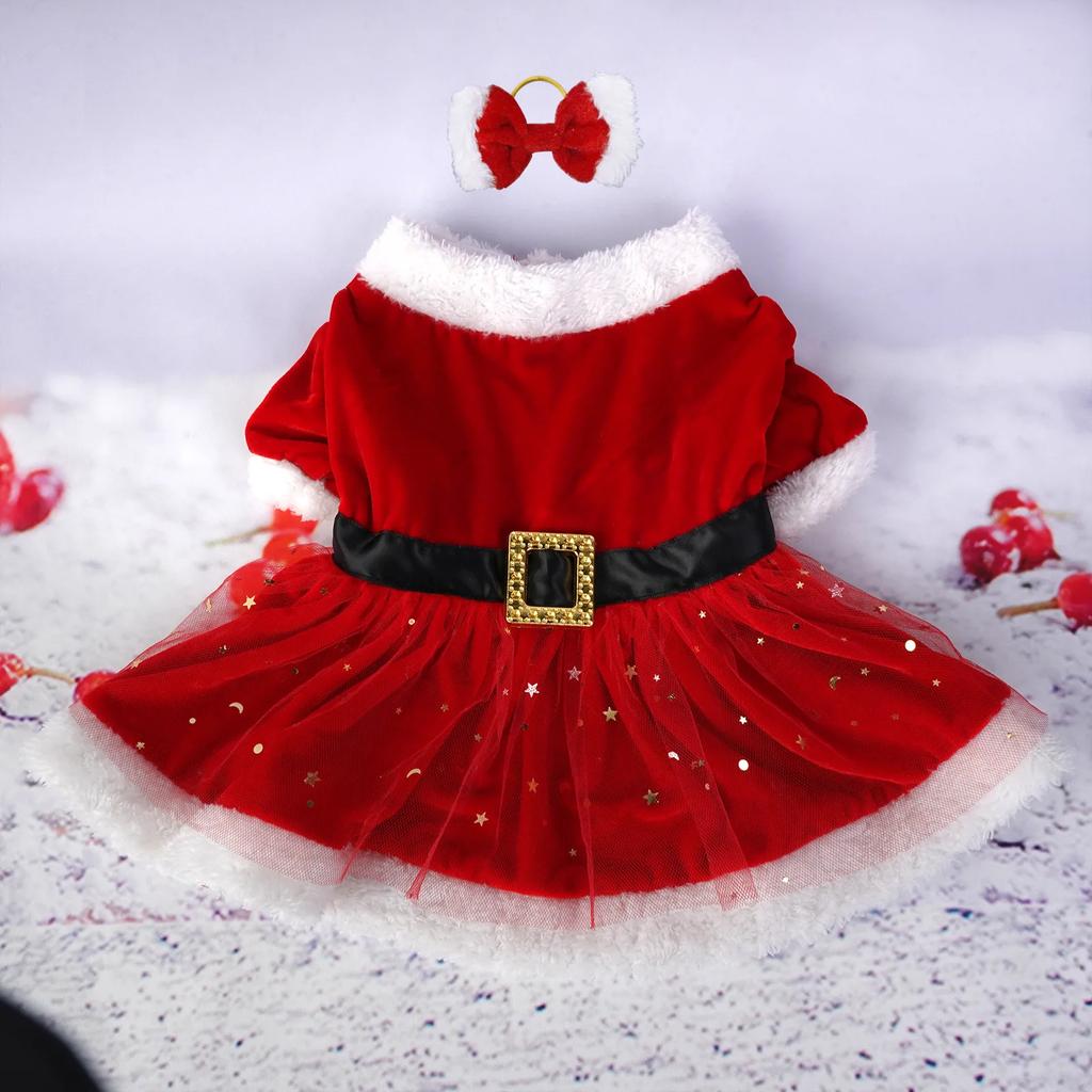 Vestito di Natale per Animali Domestici per Cani Piccoli Medi Gattino Gonna Cucciolo Vestito in Pile Vestiti di Natale Chihuahua Barboncino Bulldog Francese Abbigliamento
