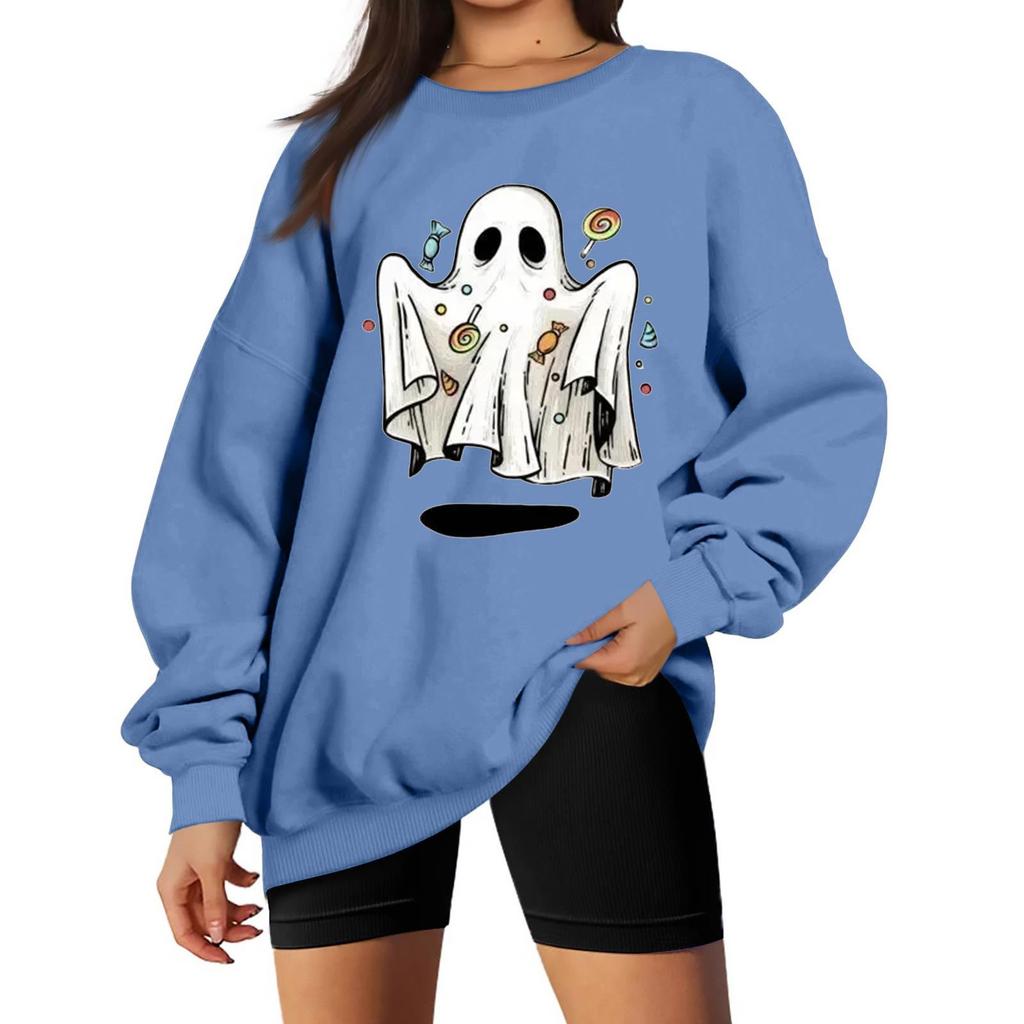 Women's Comfortable Round Neck Long Sleeve Sweatshirt Loose Fit Casual with Color and Halloween Print