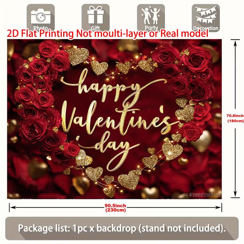 2D Happy Valentine's Day Banner, Red Rose & Gold Glitter Heart Background for Valentine's Photo Booth