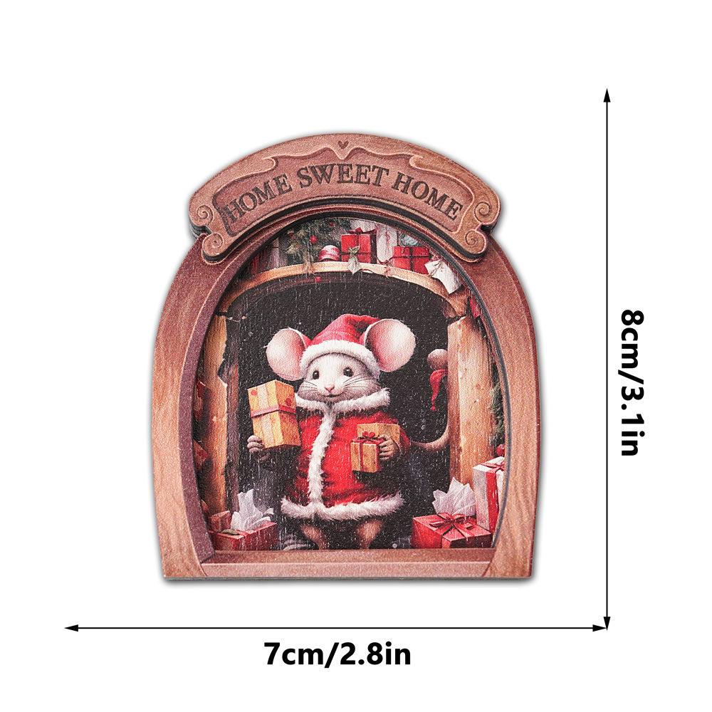 MZCT181-192 3D Wooden Christmas Mouse Hole Refrigerator Magnet & Memo Holder