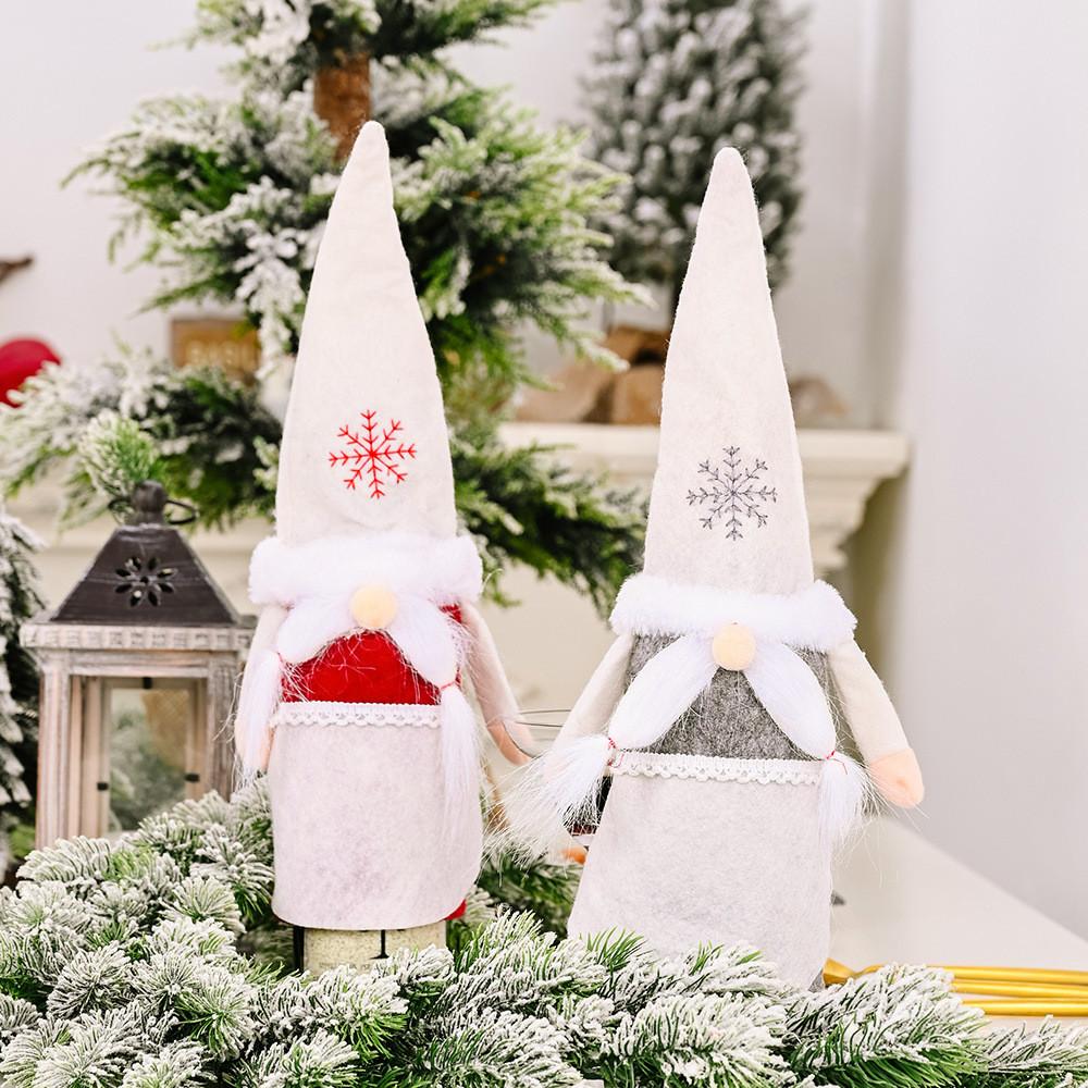 Festive Christmas Wine Bottle Covers Featuring Charming No-face Old Man Design In Red And Gray