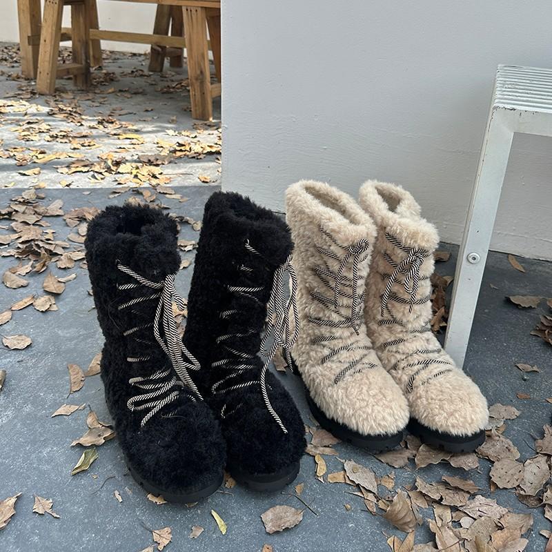 Dámské měkké elastické šněrovací silná podrážka zimní kožešinová ústa sezónní kožešinové teplé studené polstrované sněhule protiskluzové odolné proti opotřebení ležérní sportovní plyšové bavlněné boty