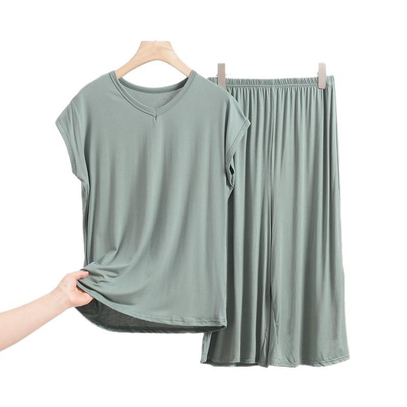 Modal V-Ausschnitt Kurzarm Caprihosen Set, Ein lockeres, übergroßes Freizeit-Zweiteiler-Set für Damen, Kann über Hauskleidung getragen werden