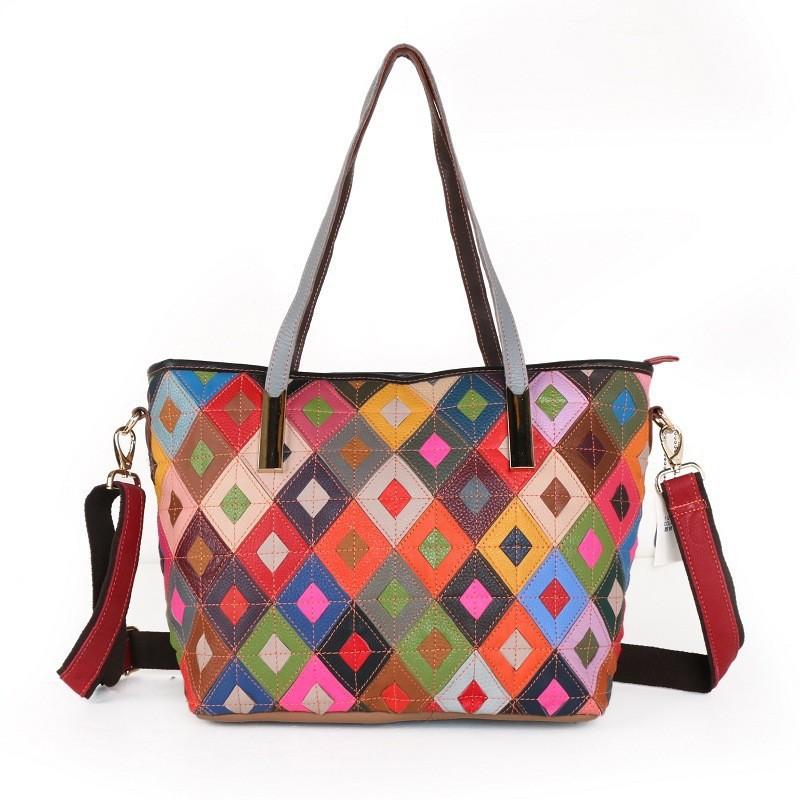 Bag Women'S Sheepskin Bag Personalized Ethnic Style Color Bag One Shoulder Crossbody Handbag Large Capacity Tote Bag