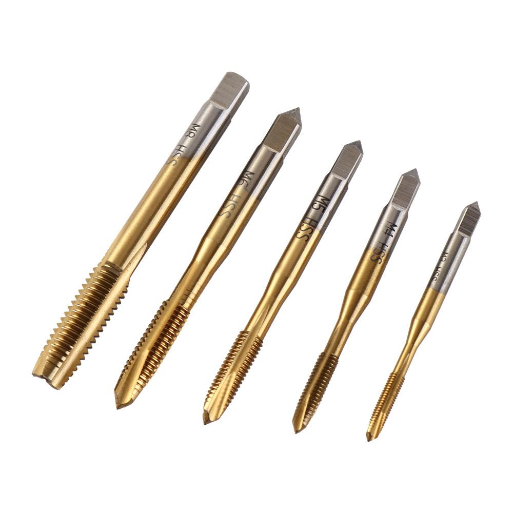 5PCS Titanium Coating Screw Tap Straight Flute Metric Machine Screw Threaded Tap Spiral Point HSS Tap Drill Set Hand Tools