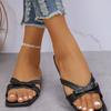 Large Size Bow Casual Flat Slippers Women'S Thin Strap Solid Color Square Head Slippers