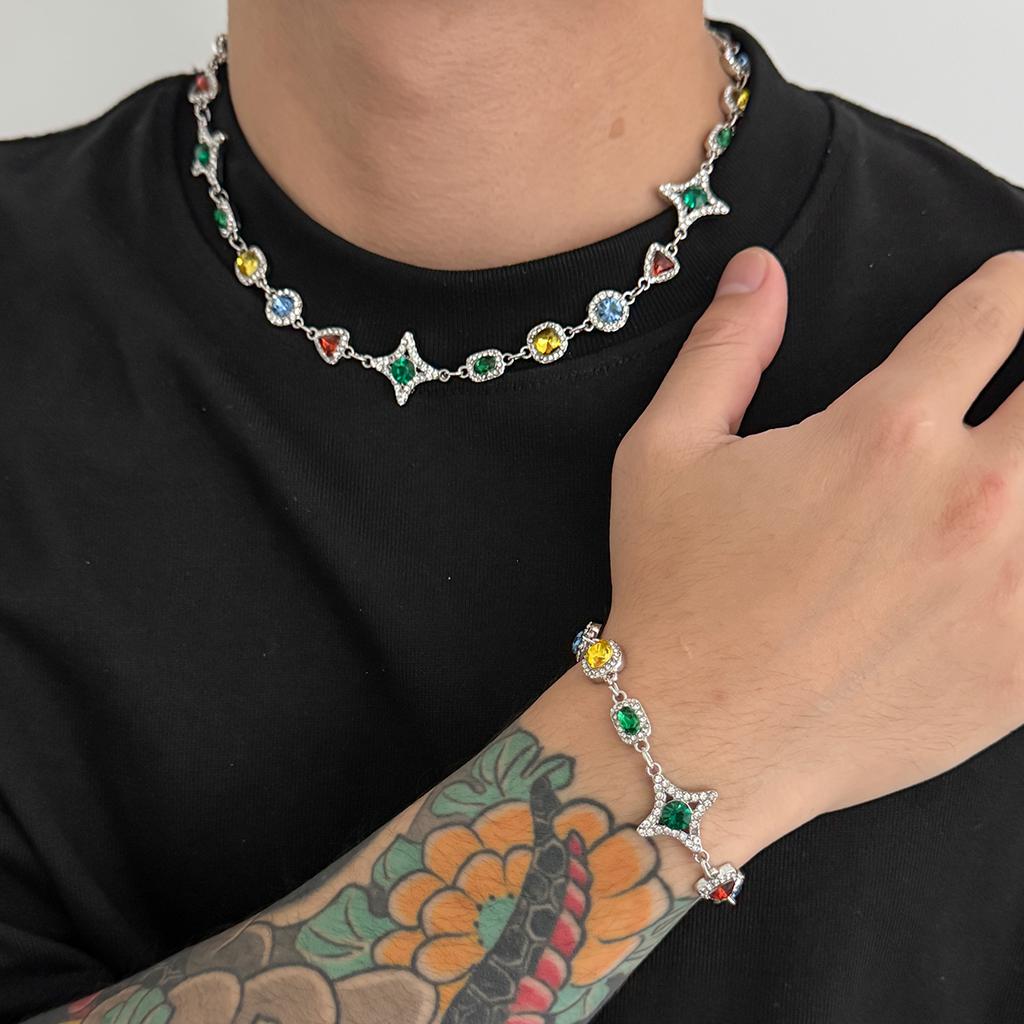 Salircon Trendy Luxury Colorful Crystal Chain Necklace Bracelet Set Men Hip Hop Clavicle Chain Trend Jewelry Male Birthday Gift