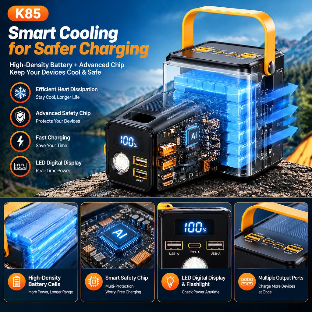 K85 Outdoor Power Station 100000mAh Solar Charger with Built-in 4-in-1 Cable