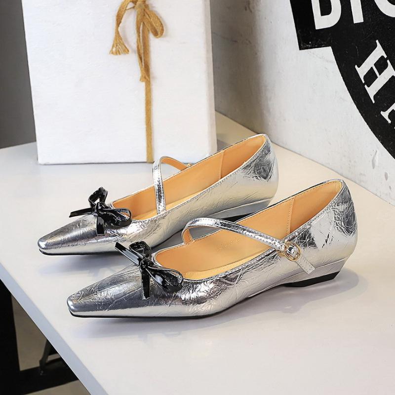 European And American Style Pointed Toe Shallow Mouth One-Strip Women s Bow Low Heel Comfortable Wedge Fashionable Single Shoes 35